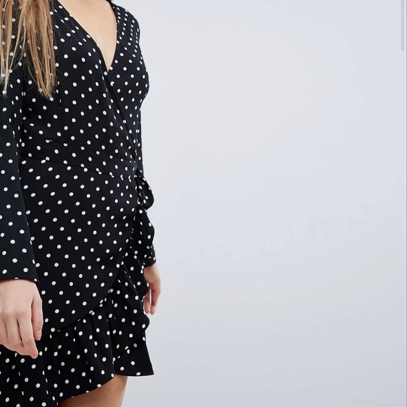 ASOS Bershka Polka Dot Long Sleeve Mini Wrap Dress - Picture 2 of 8